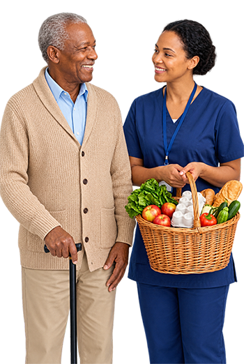 A friendly case worker on a video call with an older adult at home